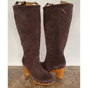 UGG Rumer Tall Brown Suede Boots Woven Back Wood Heel Side Zip Retro Boho 70s 8